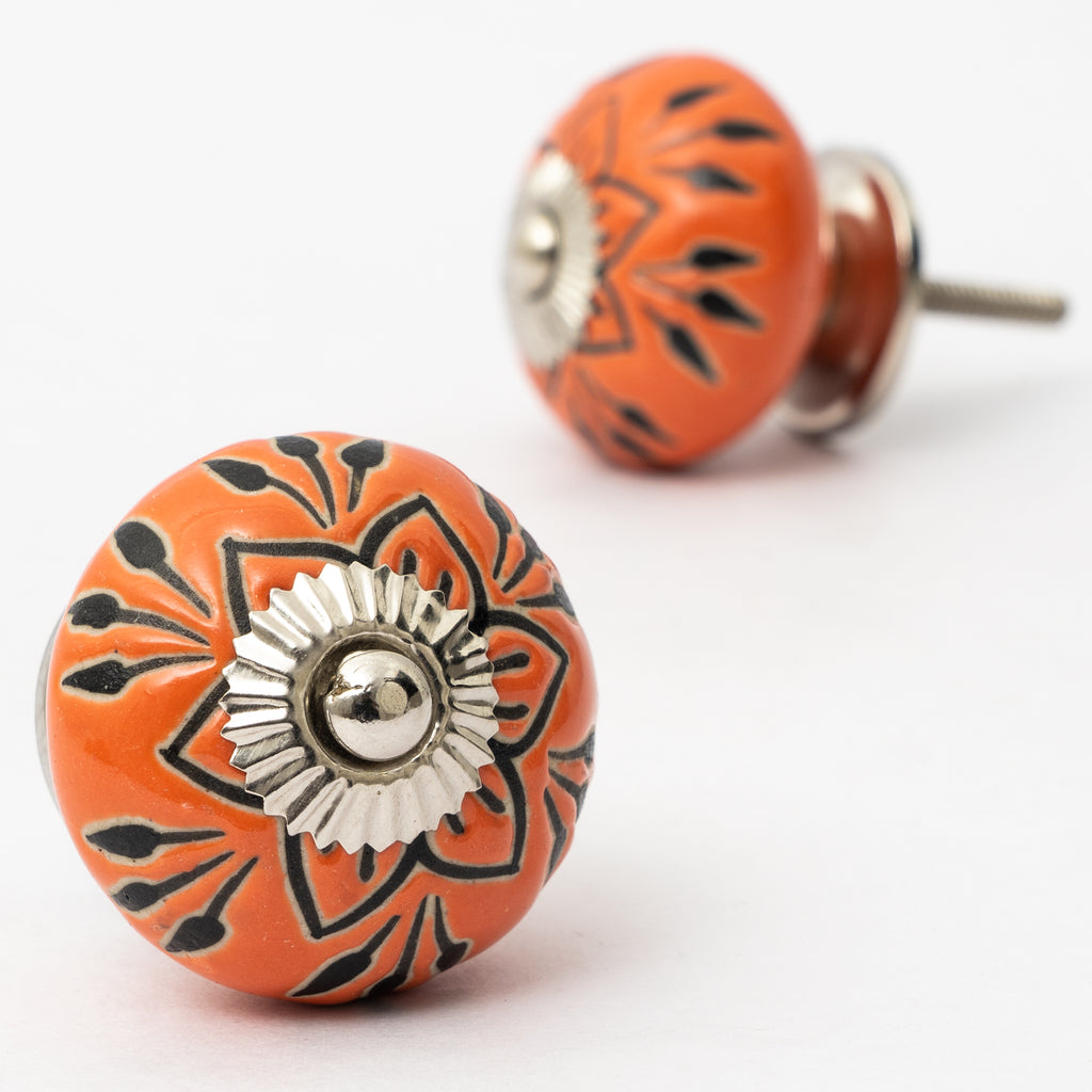 Orange Flower Emboss Ceramic Knob - Set Of 6