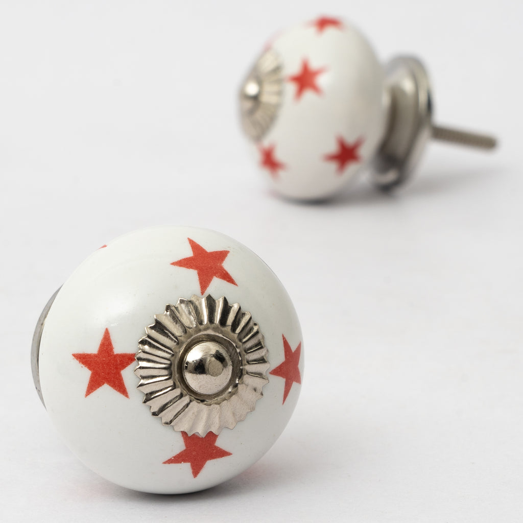 White Red Stars Ceramic Knob - Set Of 6