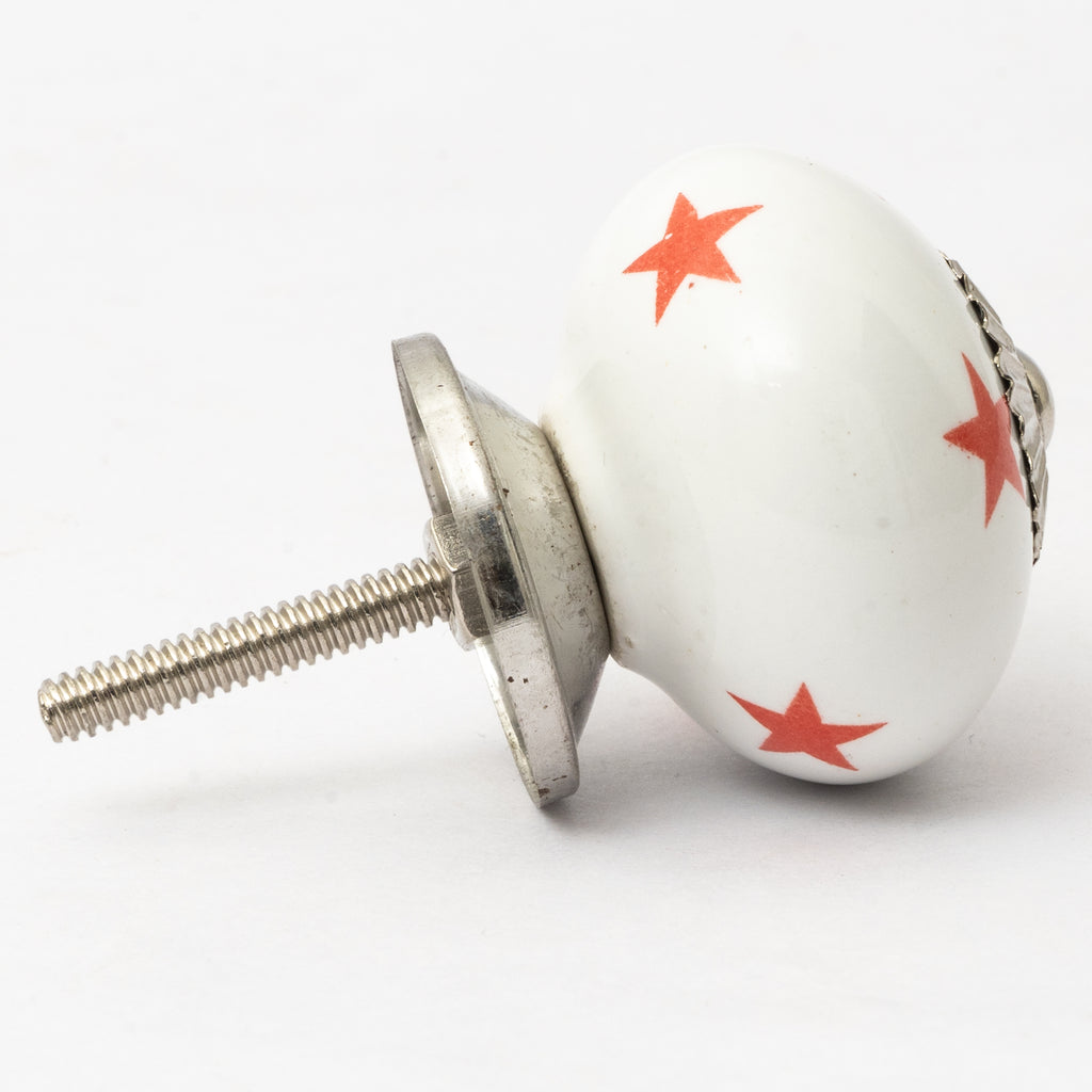 White Red Stars Ceramic Knob - Set Of 6