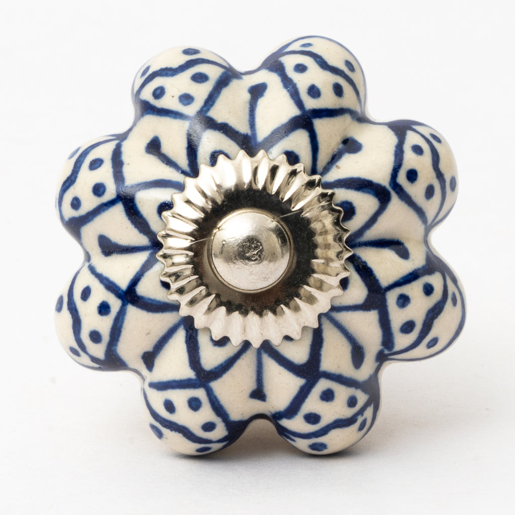 White Blue Painted Ceramic Knob - Set Of 6