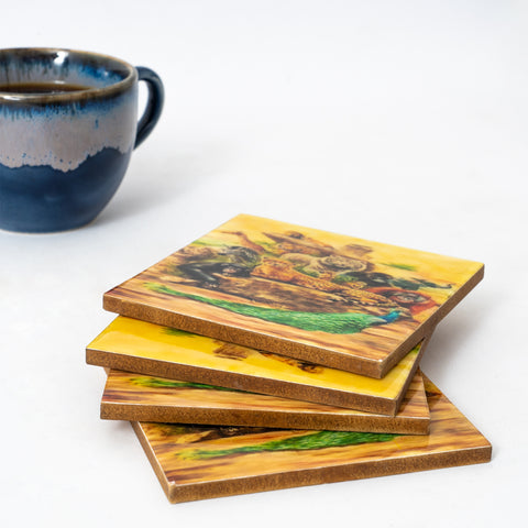 Jungle Safari Yellow Square Wooden Coaster