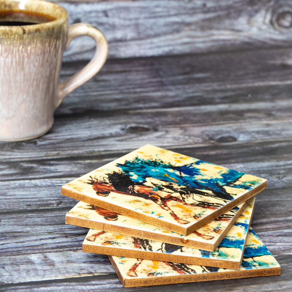 Artsy Horse Mustard Yellow Square Wooden Coaster