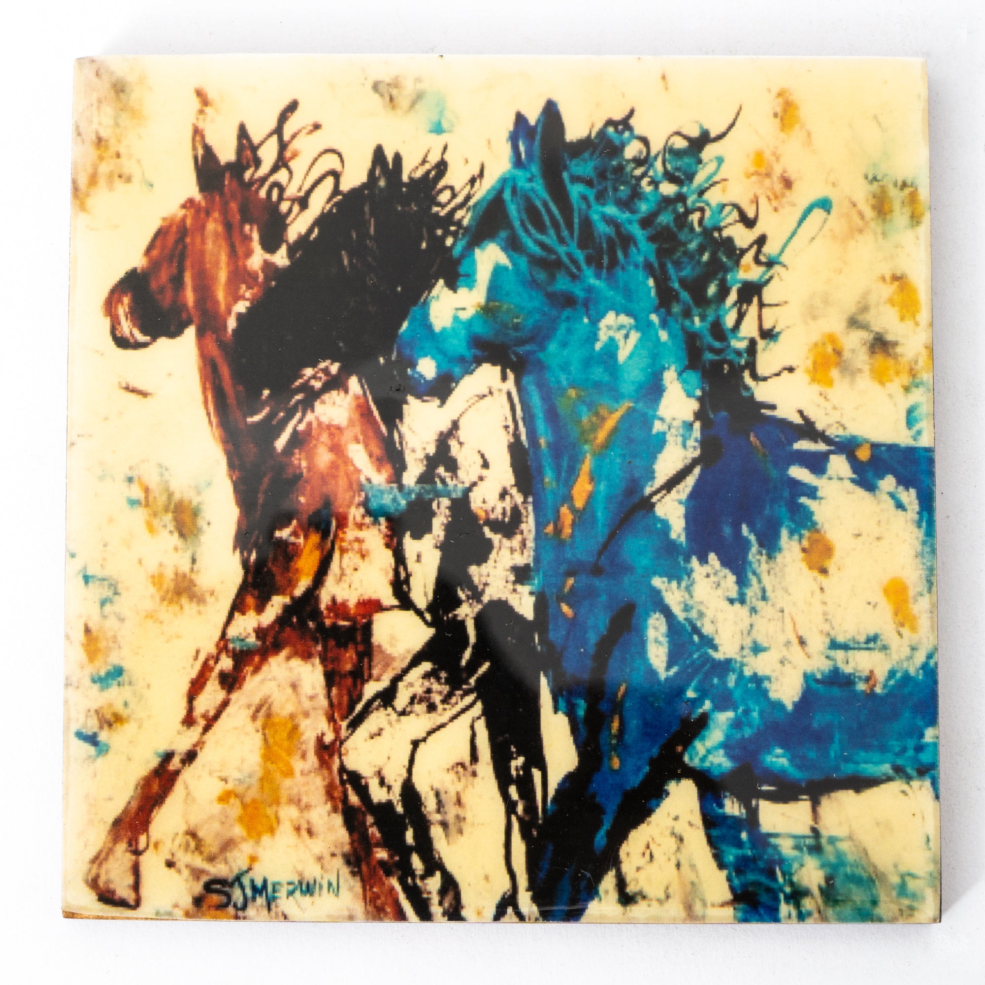 Artsy Horse Mustard Yellow Square Wooden Coaster