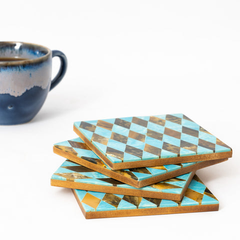 Blue Rhombus Blue Square Wooden Coaster