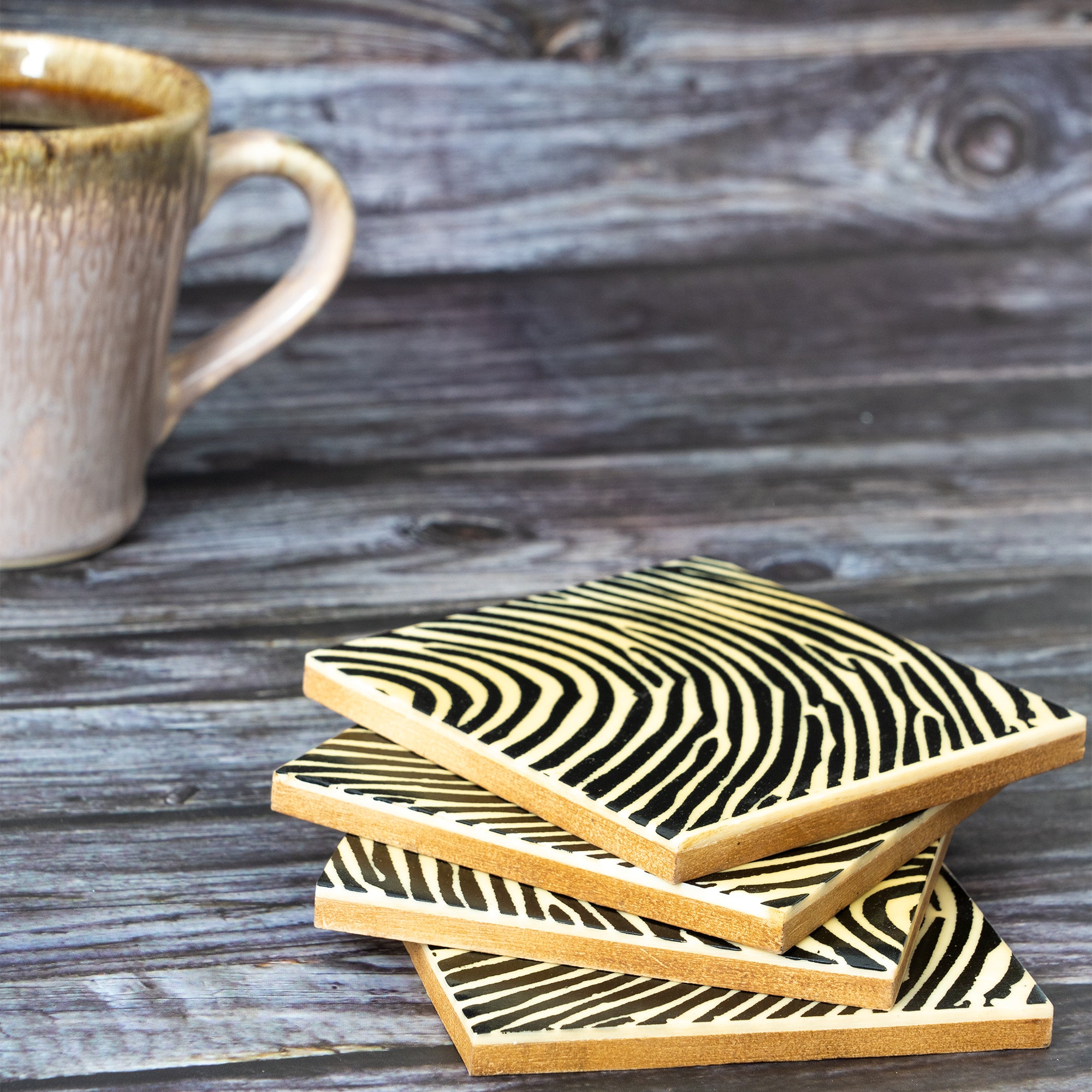 Animal Print Black Square Wooden Coaster