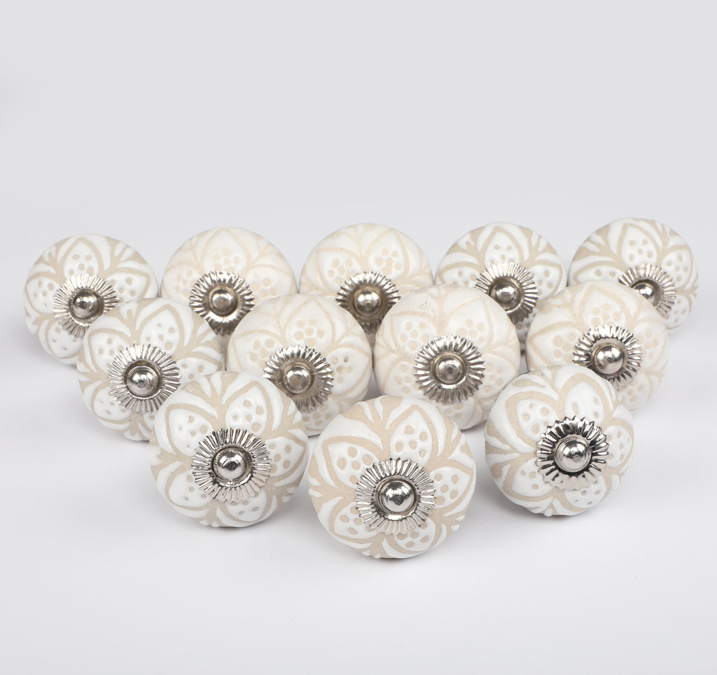 White Indian Flower Ceramic Knob - Set Of 6 freeshipping - Decokrafts Store