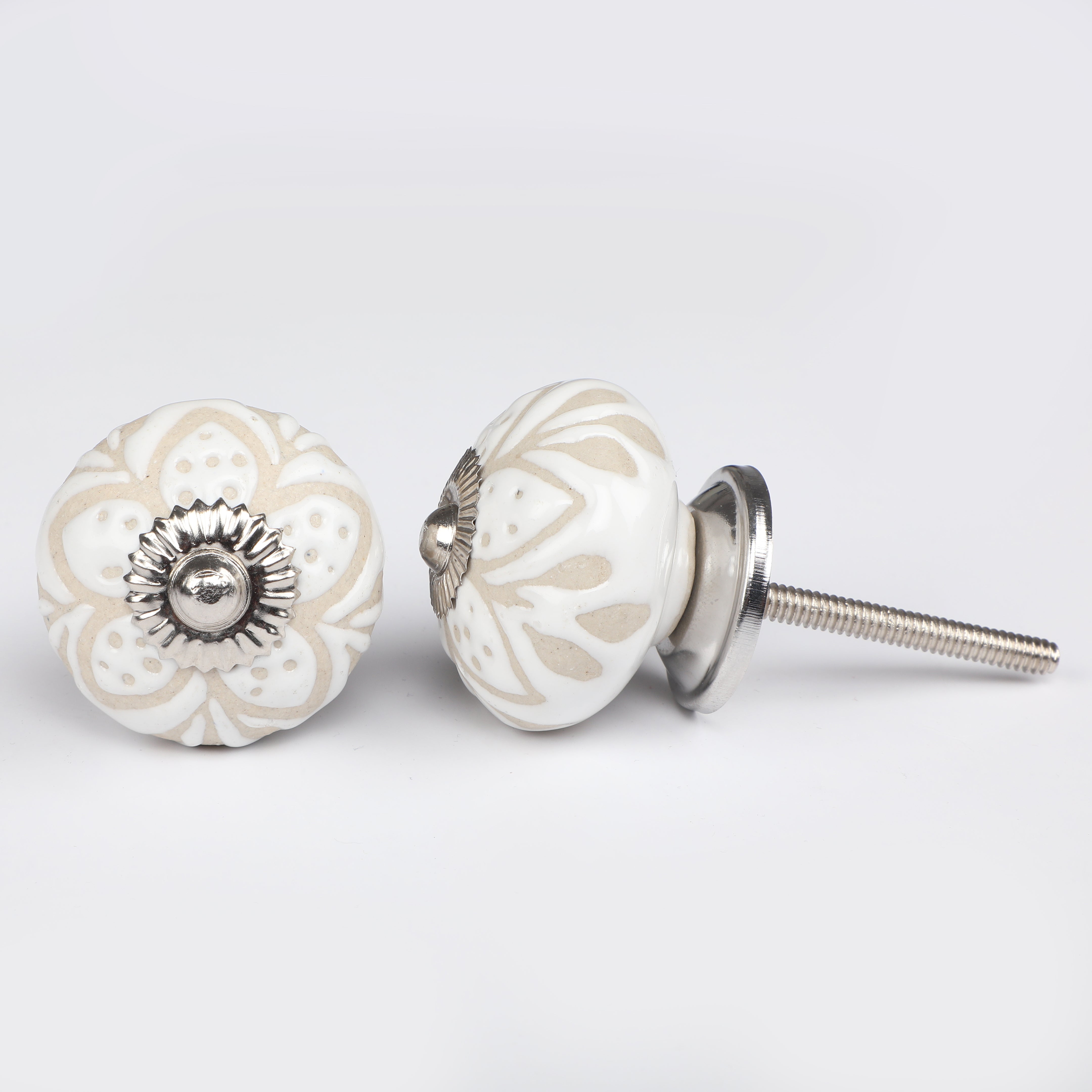 White Indian Flower Ceramic Knob - Set Of 6 freeshipping - Decokrafts Store