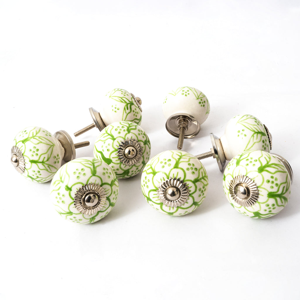 Green Pettles Round Ceramic Knobs - Set Of 6