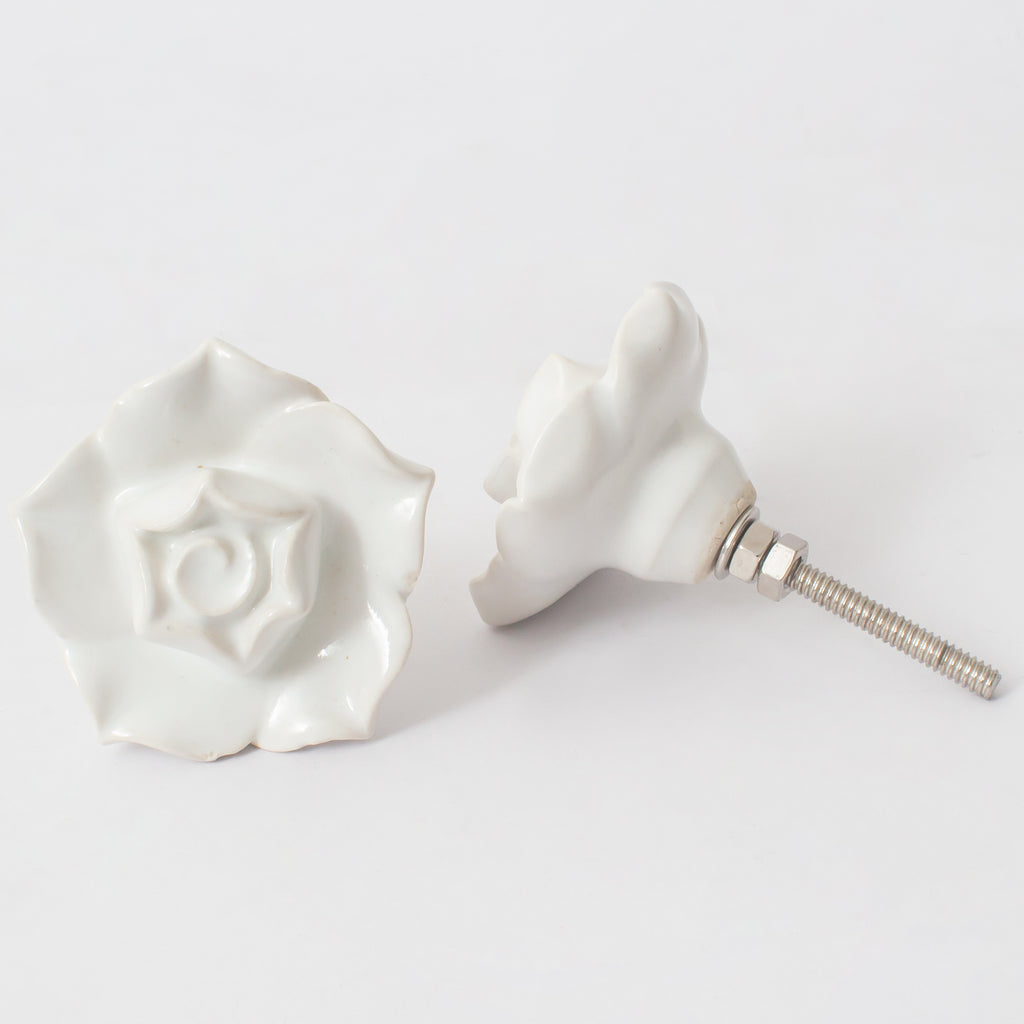 White Rose Floral Ceramic Knobs - Set Of 6