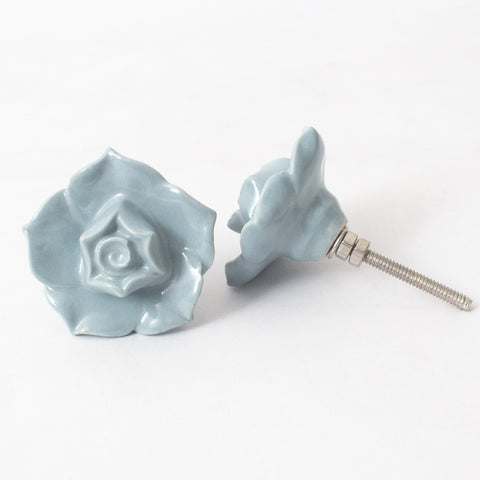 Grey Rose Floral Ceramic Knobs - Set Of 6