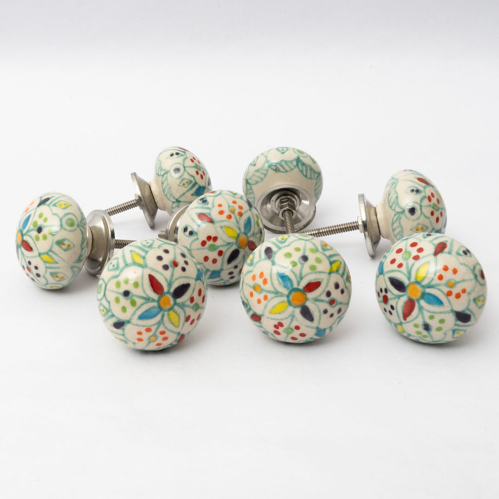 Leaf Canvas Round Ceramic Knobs - Set Of 6