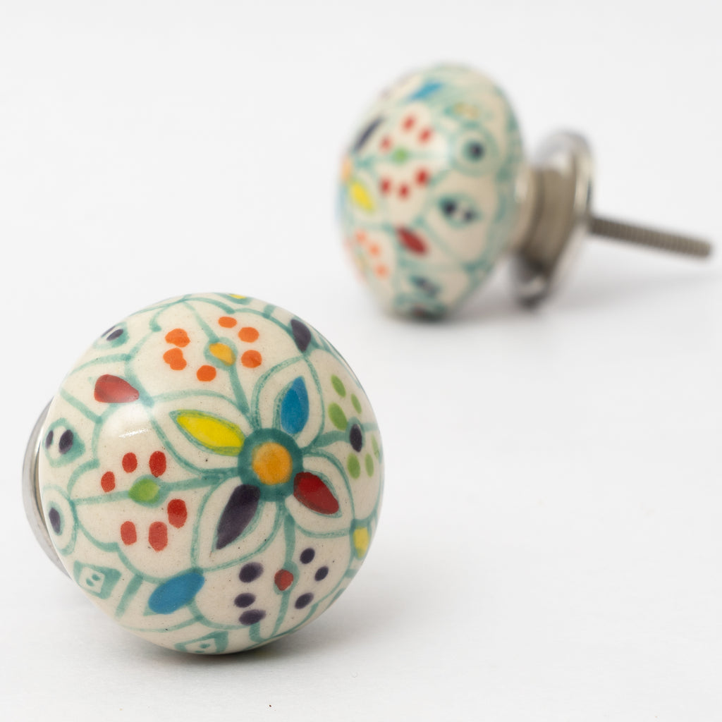 Leaf Canvas Round Ceramic Knobs - Set Of 6