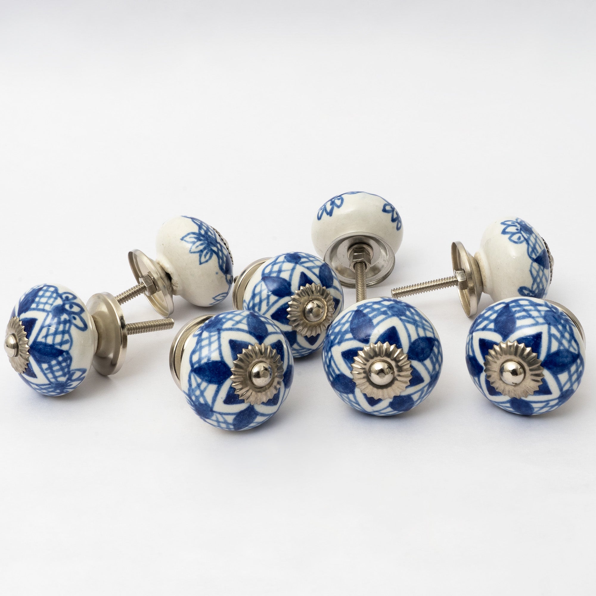 Blue Canvas Flower Round Ceramic Knobs - Set Of 6