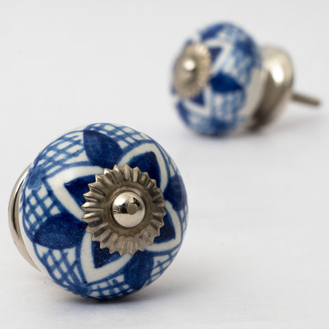 Blue Canvas Flower Round Ceramic Knobs - Set Of 6