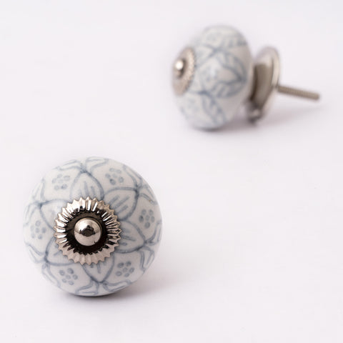 Traditional Grey Floral Round Ceramic Knobs - Set Of 6