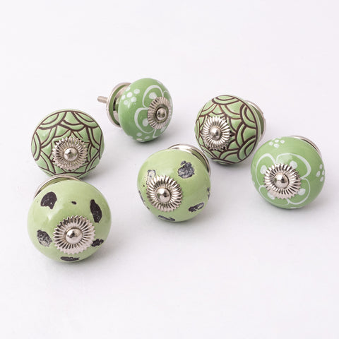 Sage Green Assorted  Round Ceramic Knobs - Set Of 6