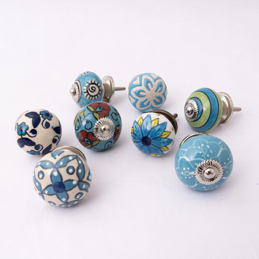 Blue Tribal Touch Assorted Round Ceramic Knobs - Set Of 8