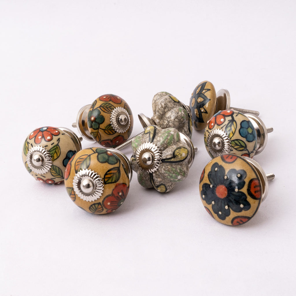 Flower Formation Assorted Round Ceramic Knobs - Set Of 8