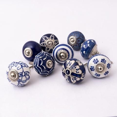 Blue Mix & Match Assorted Round Ceramic Knobs - Set Of 8