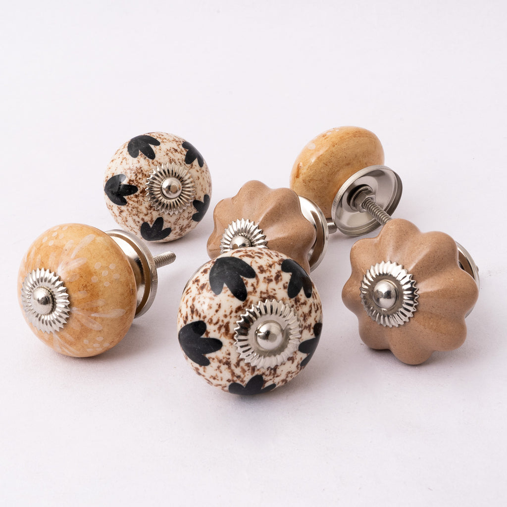 Ceramic Brown Assorted  Round Ceramic Knobs - Set Of 6