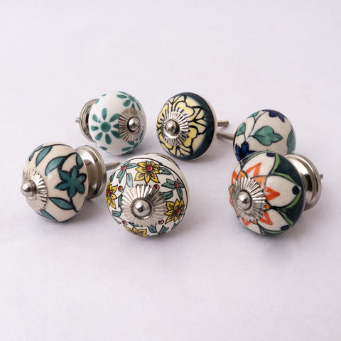 Traditional Motif Assorted Round Ceramic Knobs - Set Of 6.