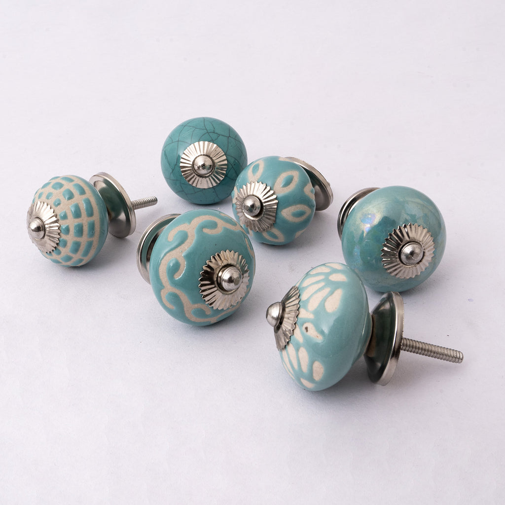 Glazed Blue Assorted Round Ceramic Knobs - Set Of 6.