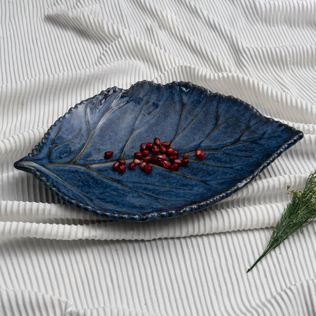 Decokrafts Blue Ceramic Leaf Platter