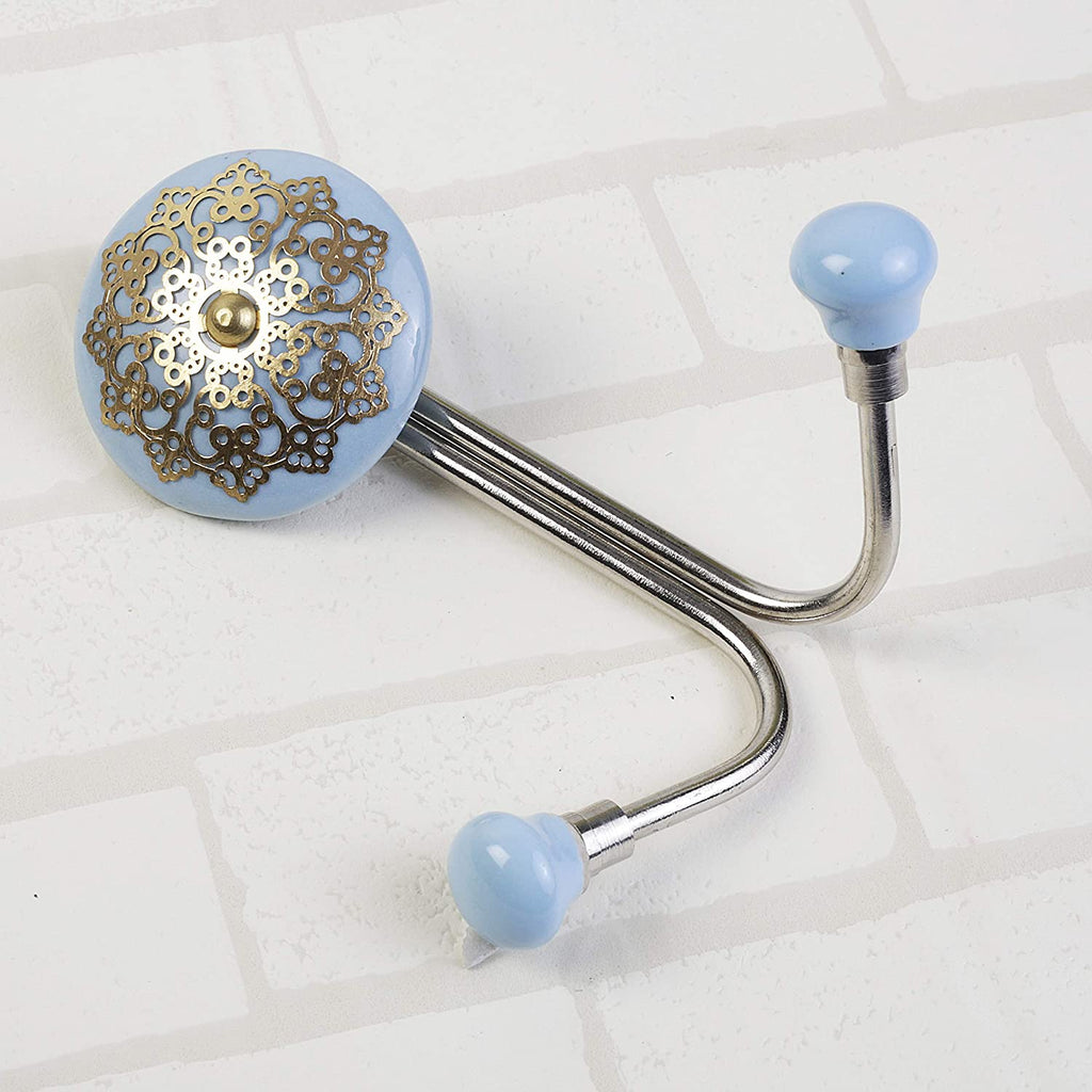 Decokrafts Blue Round Ceramic Wall Hook for Coat Towel Hat Clothes with Golden Accents freeshipping - Decokrafts Store