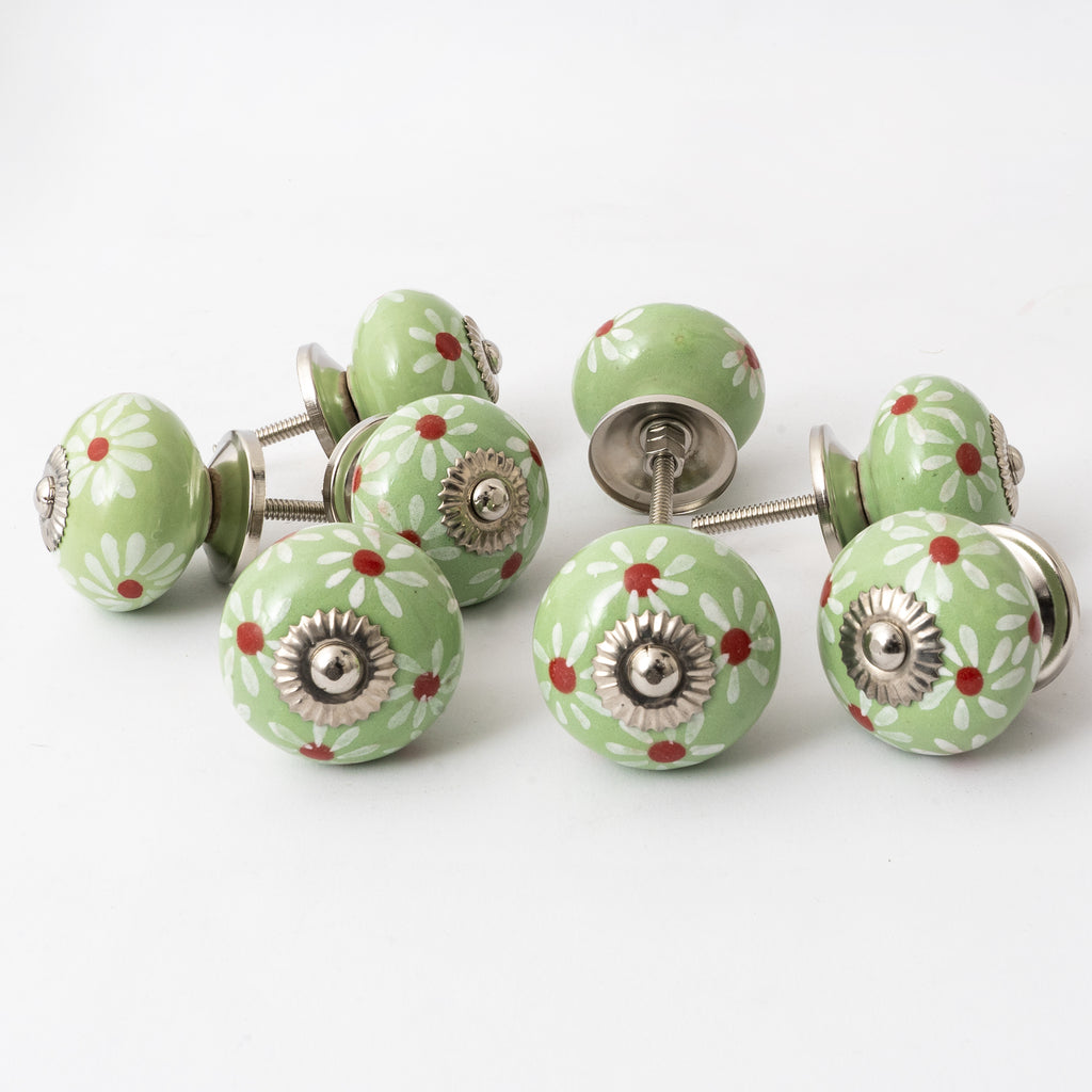 Dandlion Green Round Ceramic knobs - Set Of 6